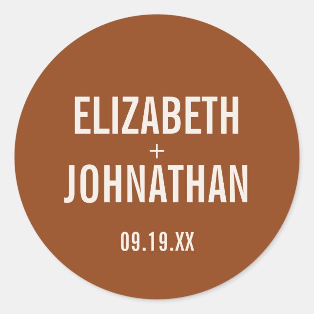Simple Boho Terracotta Typography Wedding Classic Round Sticker (Front)