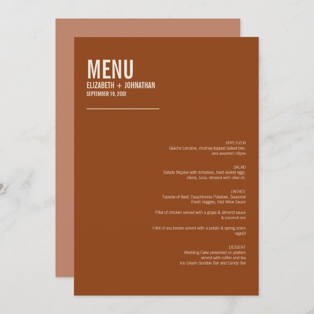 Simple Boho Terracotta Typography Wedding Menu (Front/Back)