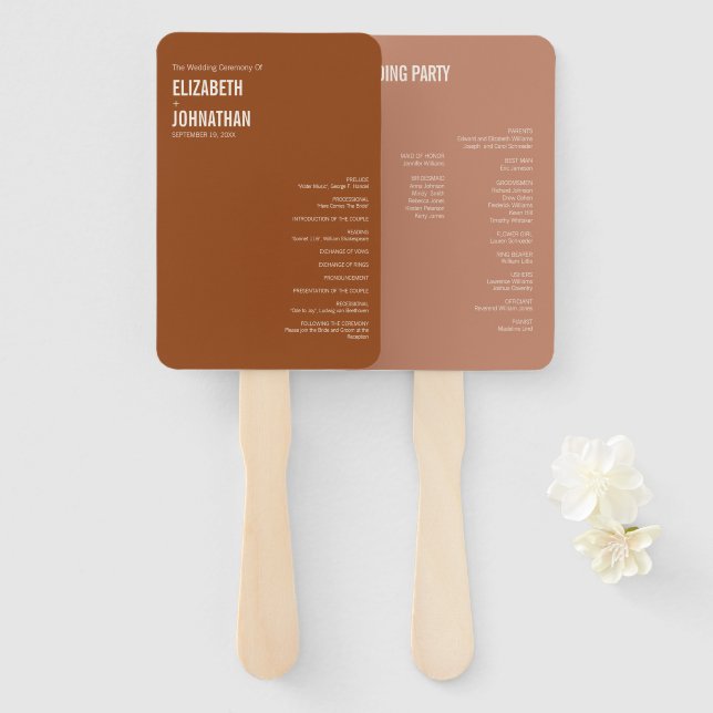 Simple Boho Terracotta Typography Wedding Program Hand Fan (Front and Back)