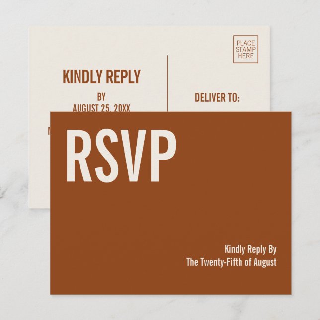 Simple Boho Terracotta Typography Wedding RSVP Invitation Postcard (Front/Back)
