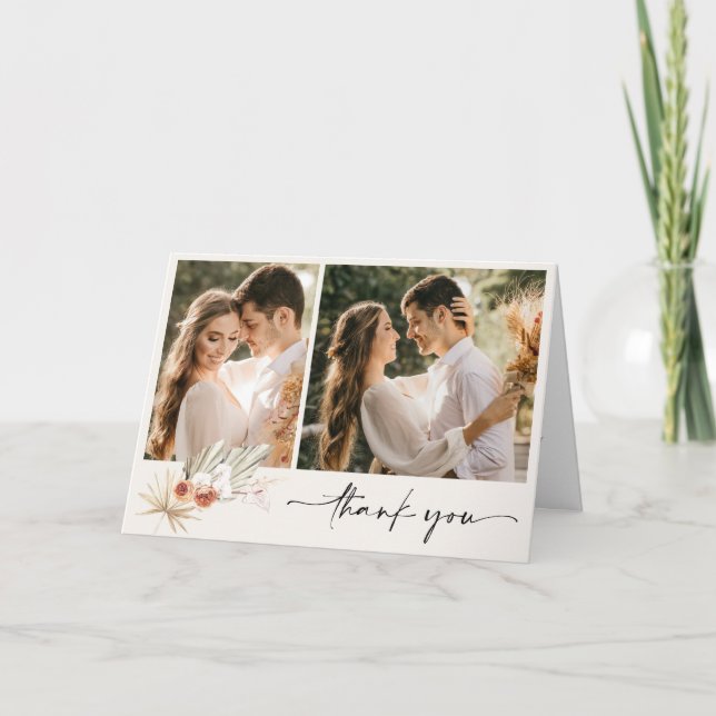 Simple Boho Two Photo Wedding Thank You  Card (Front)