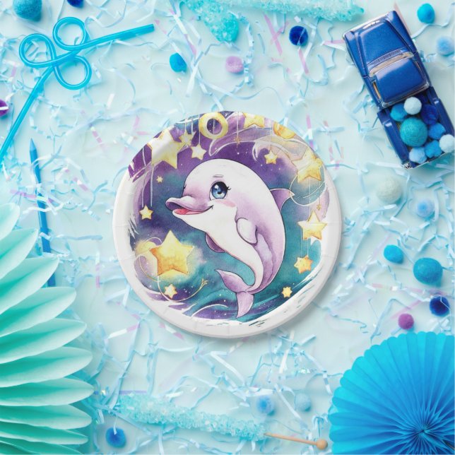 Simple Boho Underwater Dolphin Birthday Paper Plate (Party)