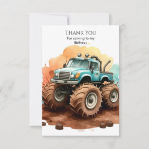 Simple Boho Wheels Monster Truck Birthday Thank You Card