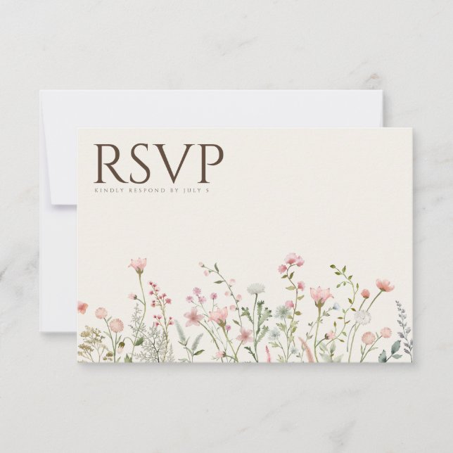 Simple Boho Wildflower Beige RSVP Wedding Card (Front)