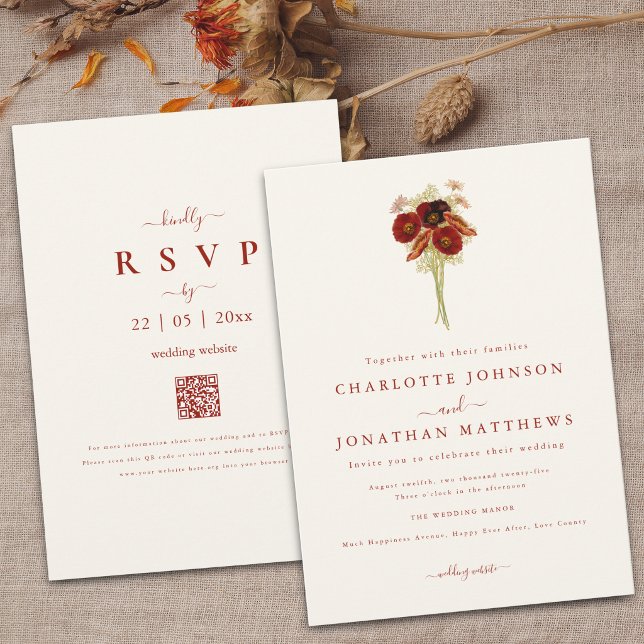Simple Boho Wildflower Brown Orange Wedding Invitation (Wildflower bouquet brown orange watercolor floral Wedding QR Code invitation)