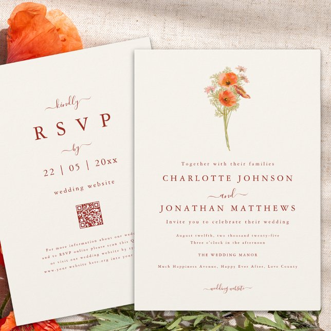 Simple Boho Wildflower Fall Wedding Invitation (Minimalist wildflower fall wedding invitation with wedding website qr code)