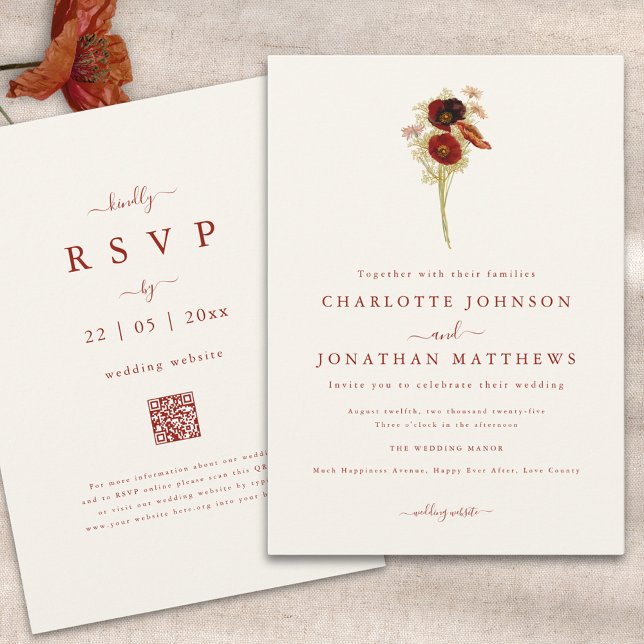Simple Boho Wildflower Fall Wedding Invitation (Simple wildflower burnt orange script wedding invitation with wedding website qr code)