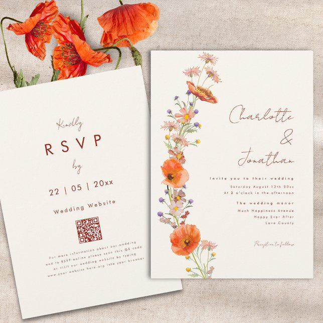 Simple Boho Wildflower Fall Wedding QR Code Invitation (Boho wildflower fall wedding invitation RSVP qr code)