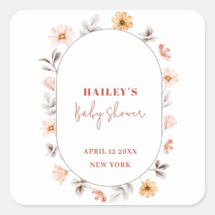 Simple Boho Wildflower Frame Baby Shower  Square Sticker
