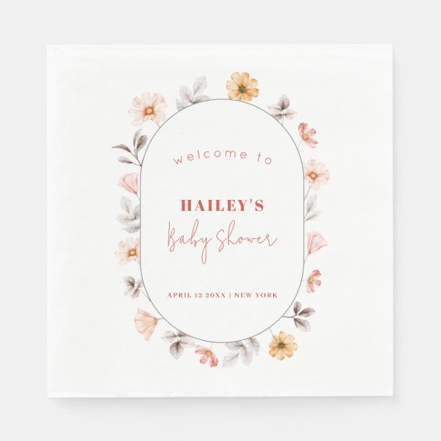 Simple Boho Wildflower Frame Welcome Baby Shower  Napkin (Front)
