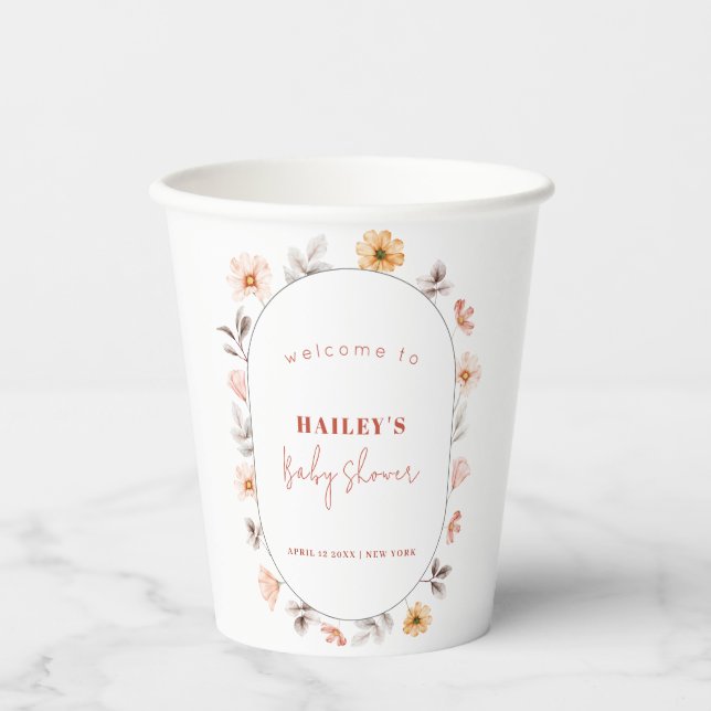 Simple Boho Wildflower Frame Welcome Baby Shower  Paper Cups (Front)