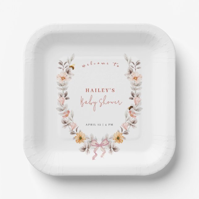 Simple Boho Wildflower Wreath Welcome Baby Shower  Paper Plate (Front)