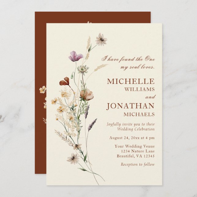 Simple Boho Wildflowers Floral Christian Wedding Invitation (Front/Back)