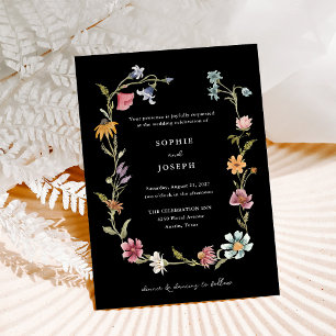 Simple Boho Wildflowers Wreath   Black Wedding Invitation