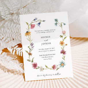 Simple Boho Wildflowers Wreath   Wedding Invitation