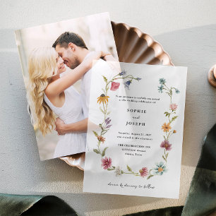 Simple Boho Wildflowers Wreath   Wedding Vellum Invitations