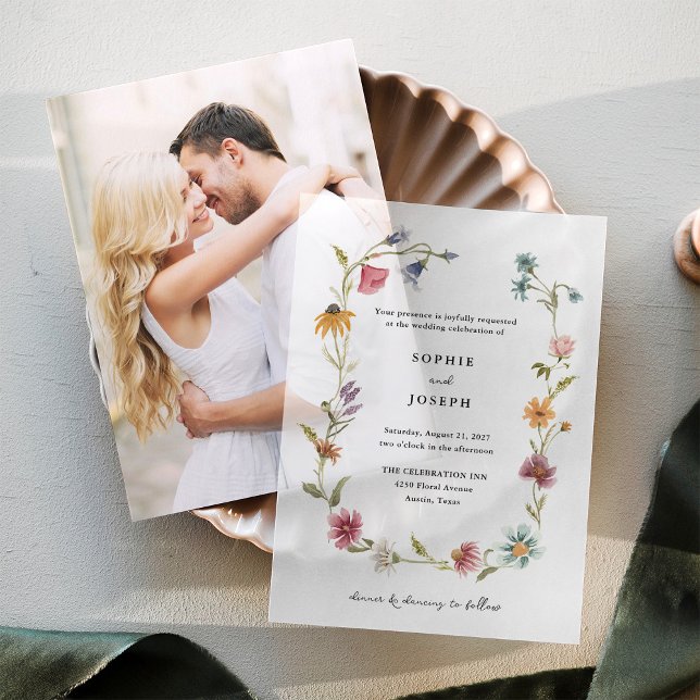 Simple Boho Wildflowers Wreath | Wedding Vellum Invitations (Creator Uploaded)
