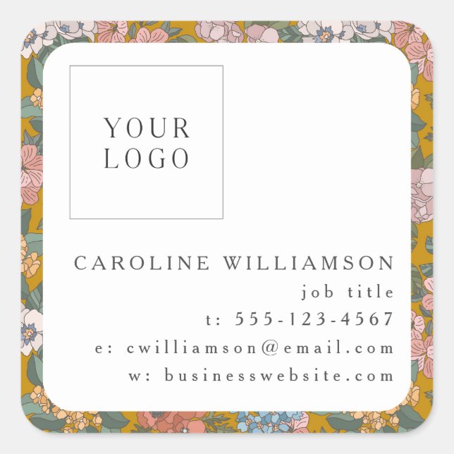 Simple Boho Yellow Floral Logo Feminine Business Square Sticker (Front)