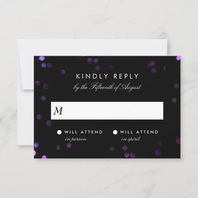Simple Bokeh Glam Black & Pink Wedding RSVP Card (Front)