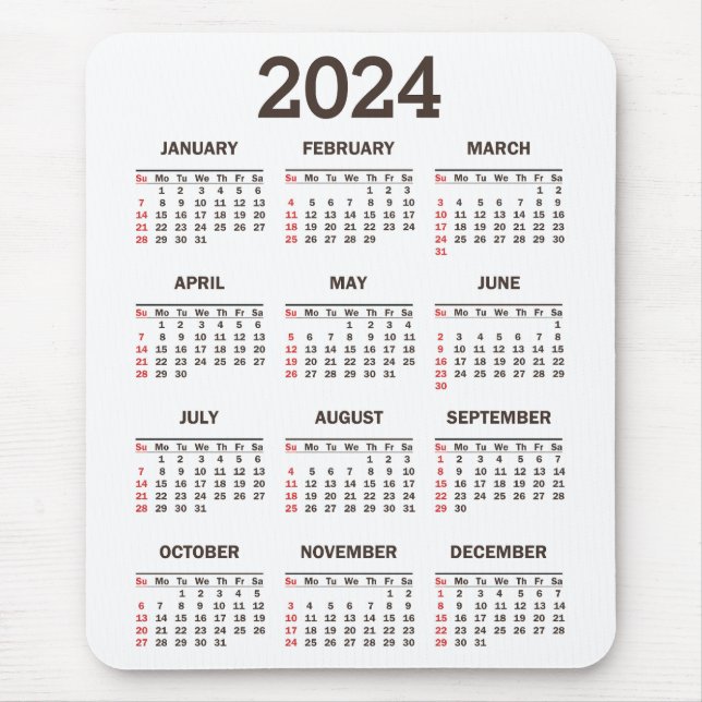 Simple Bold 2024 Year At A Glance Calendar Mouse Pad (Front)