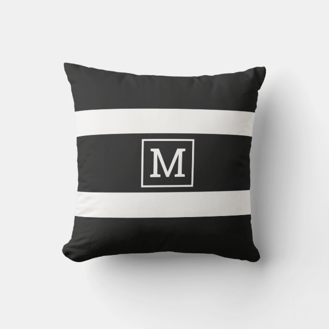 Simple Bold Black And White Stripe Monogram Cushion (Front)