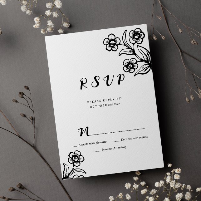 Simple bold black white typography floral RSVP  Invitation (Simple bold black white typography floral RSVP)