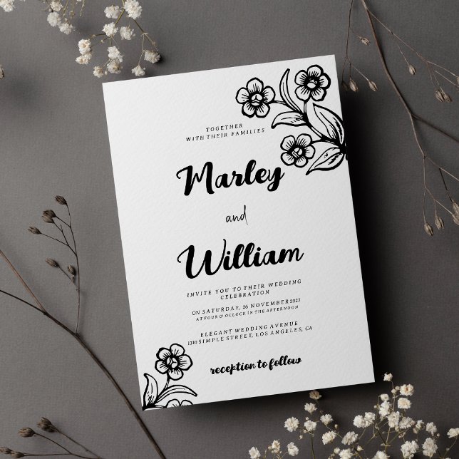 Simple bold black white typography floral Wedding  Invitation (Simple bold black white typography floral Wedding )