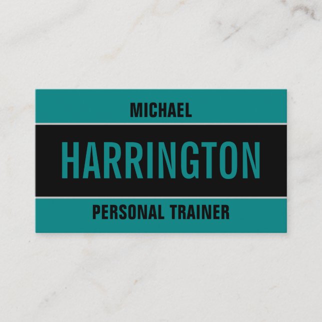 Simple Bold Modern Teal and Black Personal Trainer Business Card (Front)
