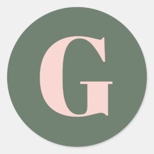 Simple Bold Monogrammed Initial Sage Green Pink Classic Round Sticker