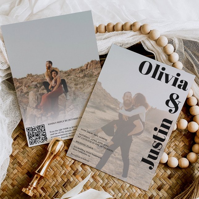 Simple bold names 2 photos Qr code wedding Invitation (Creator Uploaded)