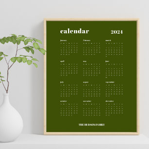 Simple Bold Olive Green & White 2024 Calendar Poster