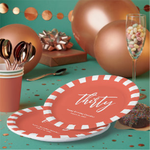 Simple Bold Orange and White 30th Birthday Party Paper Plate