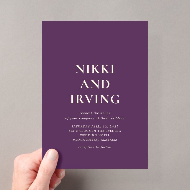 Simple Bold Purple Modern Wedding Acrylic Invitations (Insitu (Handheld))