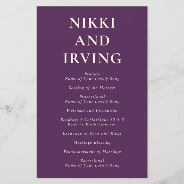 Simple Bold Purple Modern Wedding Program Flyer (Front)