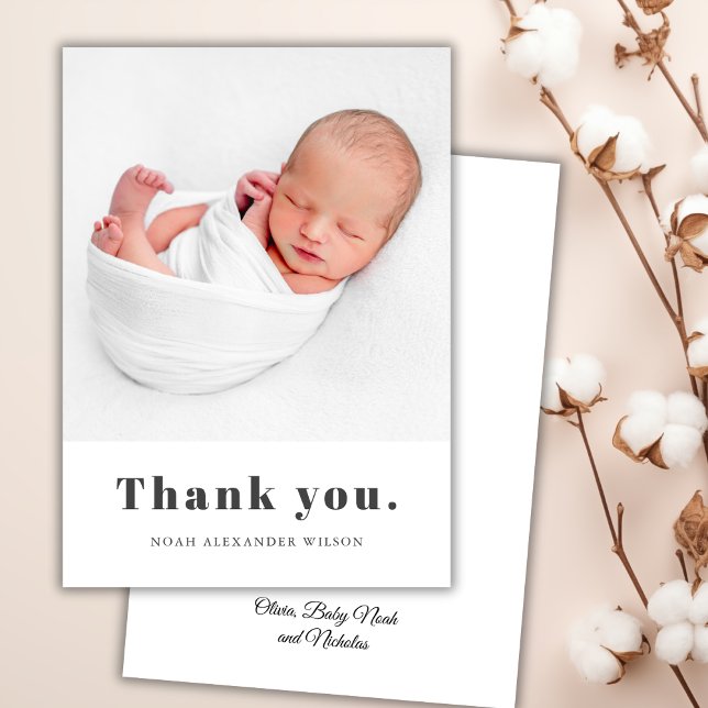 Simple Bold Typography Minimal Newborn Baby Photo Thank You Card (Creator Uploaded)
