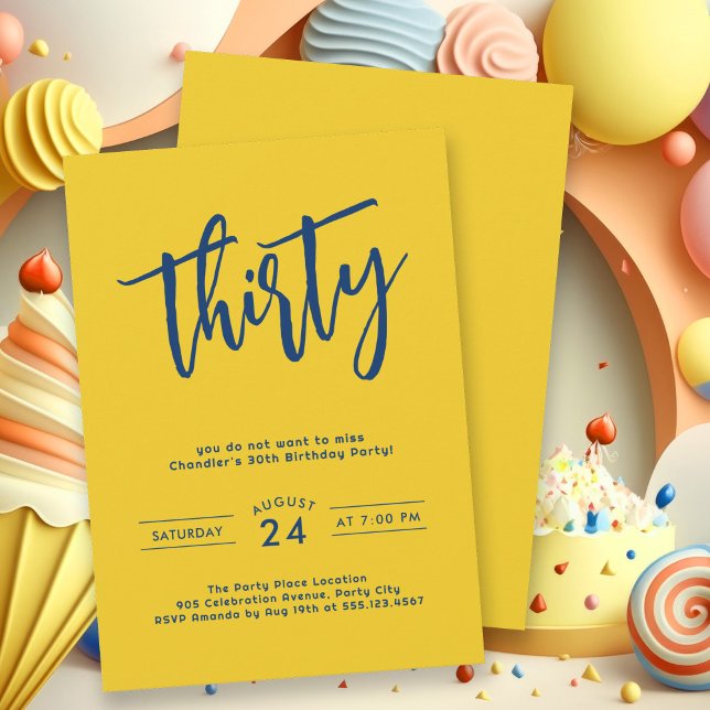 Simple Bold Yellow 30th Birthday Party Invitation (This bold yellow 30th birthday party invitation gets your party started with pizzazz.)