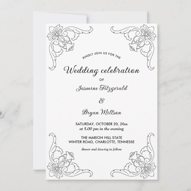 Simple Border Flourish Vintage Wedding Invitation (Front)