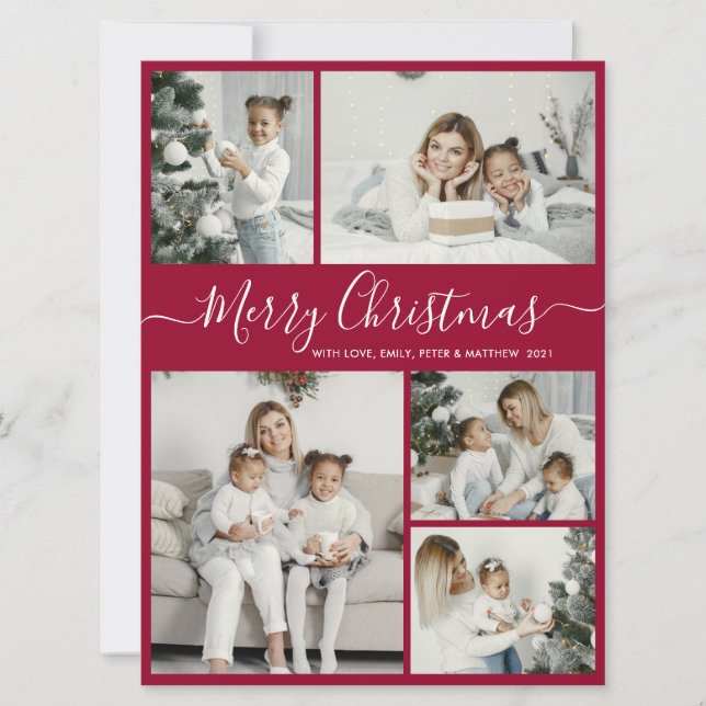 Simple Bordo White 5 Photo Collage Christmas Holid Holiday Card (Front)