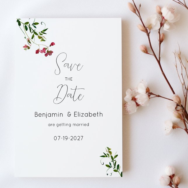 Simple botanic pink red green flower Save the Date Invitation (Simple botanic pink red green flower Save the Date)