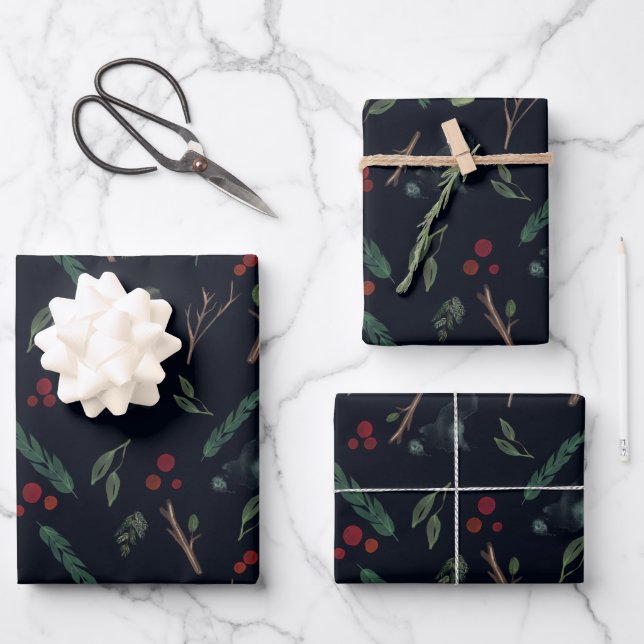 Simple Botanical Berries Christmas Pattern Wrapping Paper Sheet (Front)