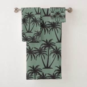 Simple Botanical Black Palm Trees on Laurel Green Bath Towel Set