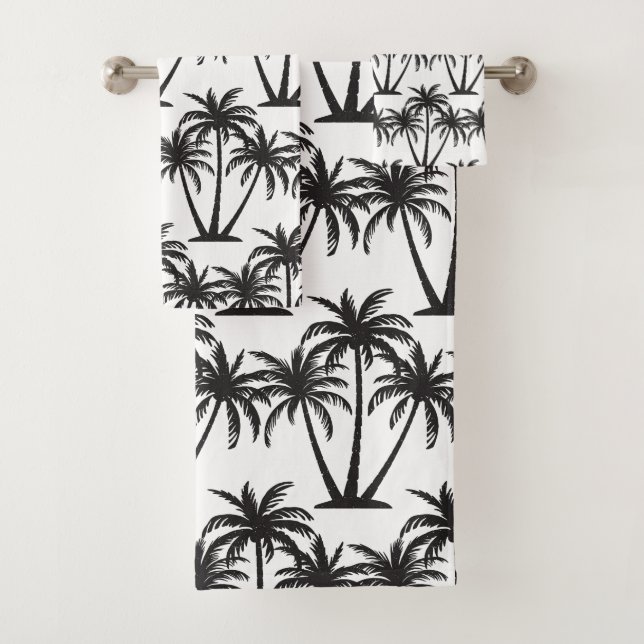 Simple Botanical Black Palm Trees on White Bath Towel Set (Insitu)