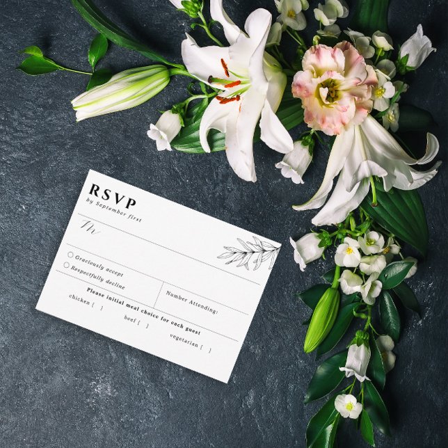 Simple Botanical Black White Meal Choice RSVP Card (Creator Uploaded)