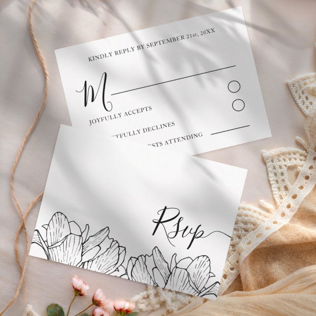 Simple Botanical Black & White Wedding RSVP Card (Creator Uploaded)