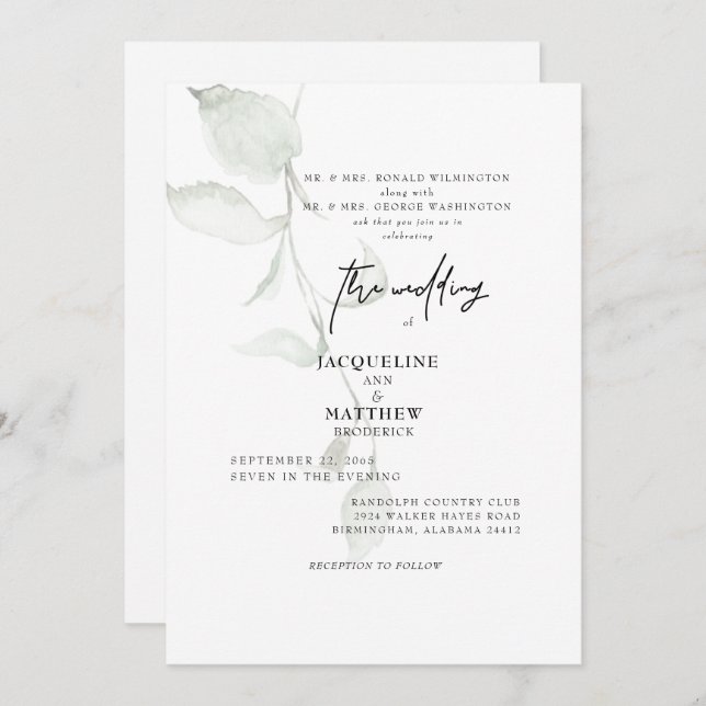 Simple Botanical Both Parents Wedding Invitation (Front/Back)