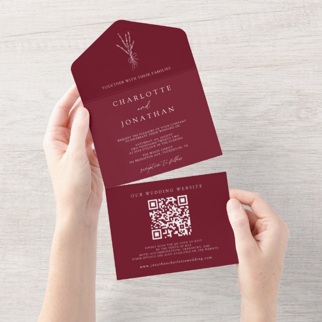 Simple Botanical Burgundy Wedding All In One Invitation (Tearaway)