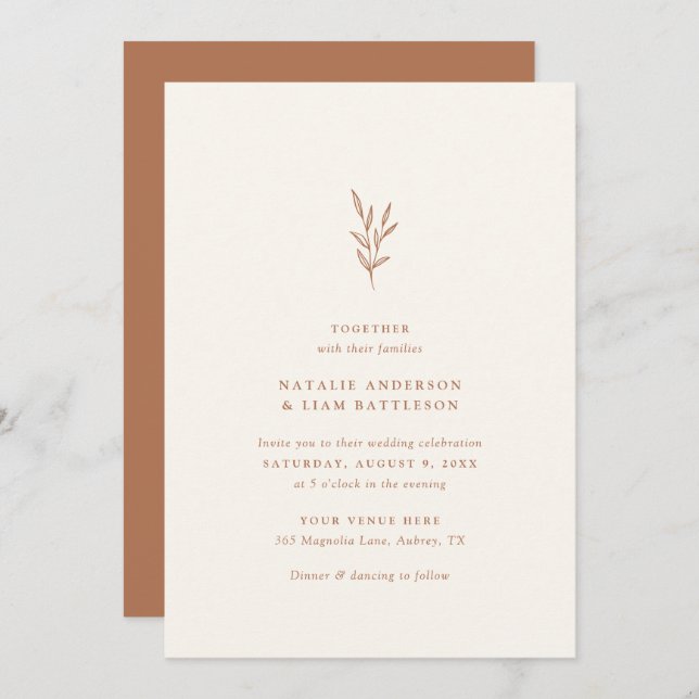 Simple Botanical Burnt Orange Wedding Invitation (Front/Back)