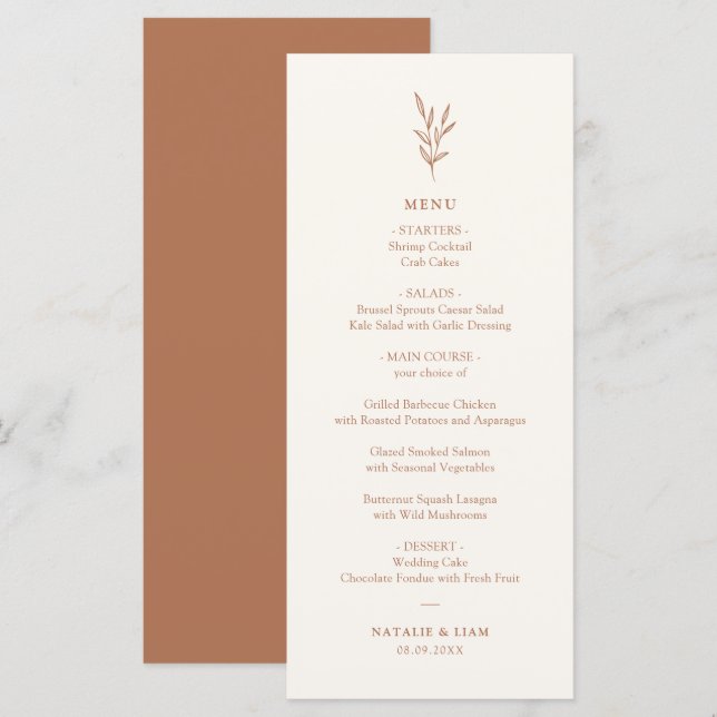 Simple Botanical Burnt Orange Wedding Menu (Front/Back)