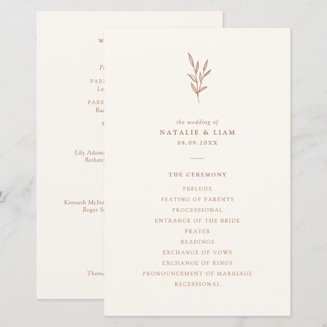 Simple Botanical Burnt Orange Wedding Program (Front/Back)