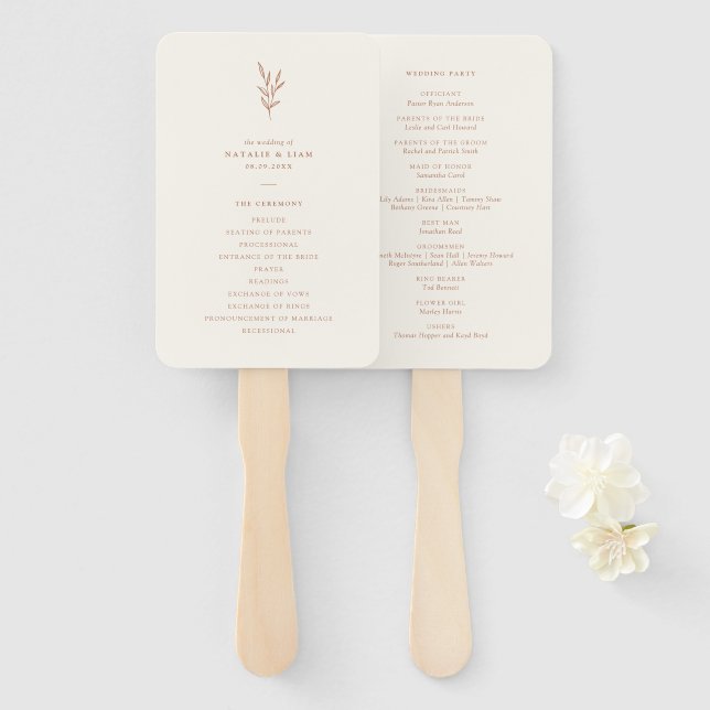 Simple Botanical Burnt Orange Wedding Program Hand Hand Fan (Front and Back)